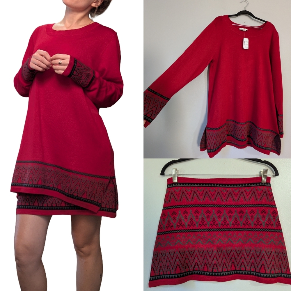 Vintage Y2K Christopher & Banks Red Sweater & Skirt 2 Piece Set Fair Isle.